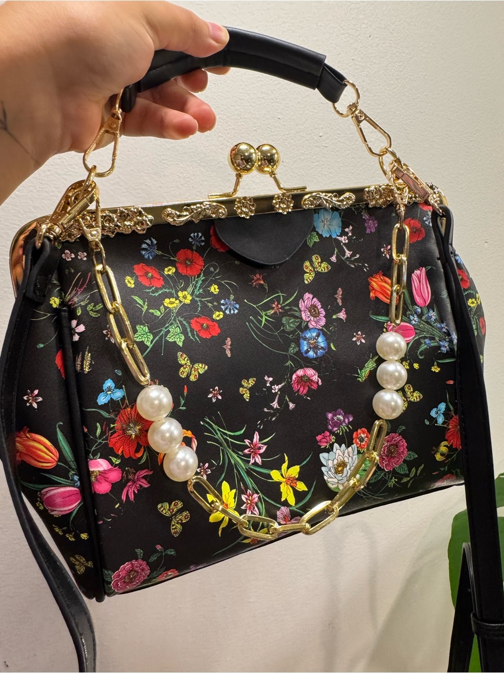 SHEIN Black Floral Satchel with Gold Frame & Pearl Chain